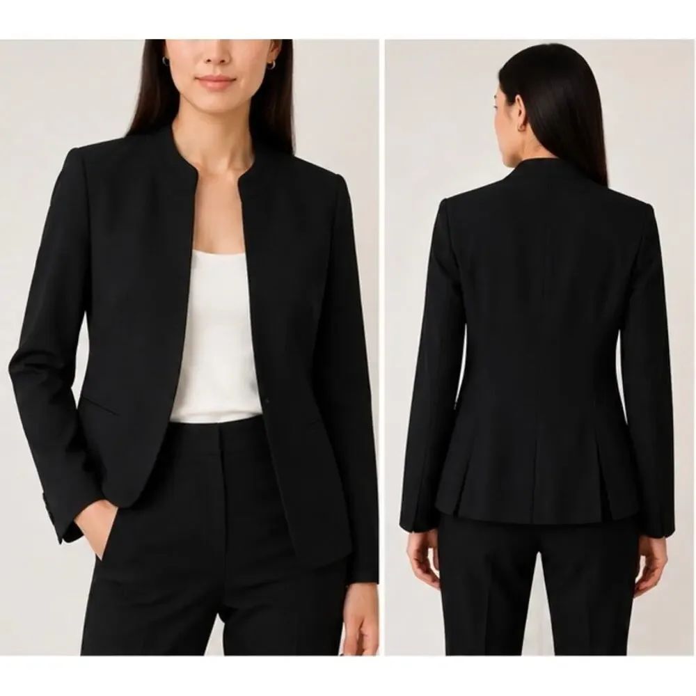 Theory Black Virgin Wool Open Front Collarless Blazer Jacket Size 2